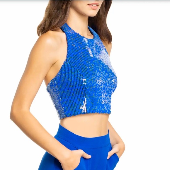 DRESS THE POPULATION Ashton Sequin Halter Top Blue size SMALL - Picture 2 of 10